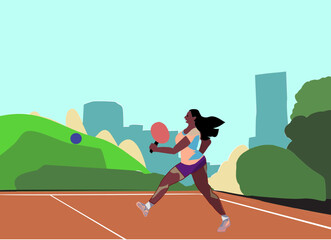 Pickleball Sport on Court with Black Player | Outdorr in City with Green Trees Park