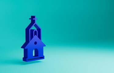 Blue Church building icon isolated on blue background. Christian Church. Religion of church. Minimalism concept. 3D render illustration