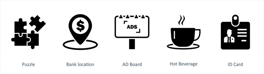A set of 5 Business icons as puzzle, bank location, ad board