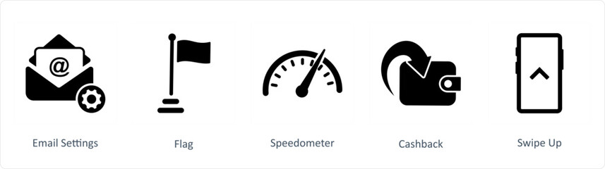 A set of 5 Business icons as email settings, flag, speedometer