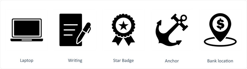A set of 5 Business icons as laptop, writing, star badge