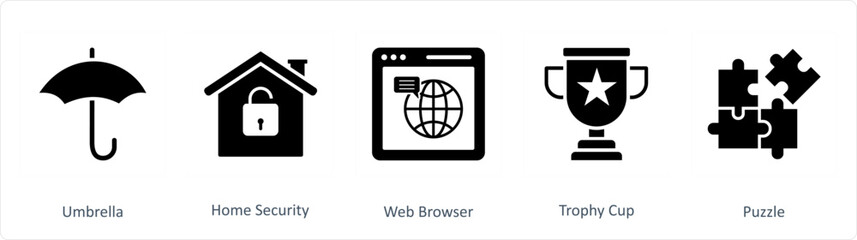 A set of 5 Business icons as umbrella, home security, web browser