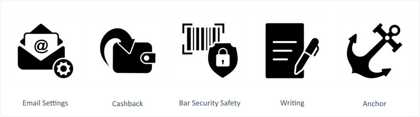 A set of 5 Business icons as email settings, cashback, bar security safety