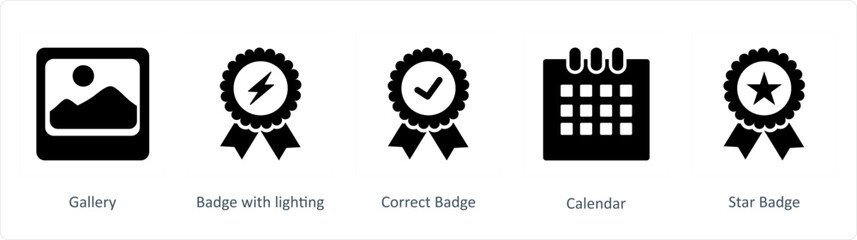 A set of 5 Business icons as gallery, badge with lightning, correct badge