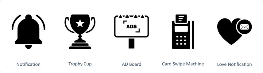 A set of 5 Business icons as notification, trophy cup, ad board