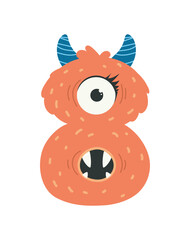 Fototapeta premium Cute monster number 8 concept. Red mutant or devil. Arithmetic and mathematics. Halloween or birthday decorative candle. Cartoon flat vector illustration isolated on white background