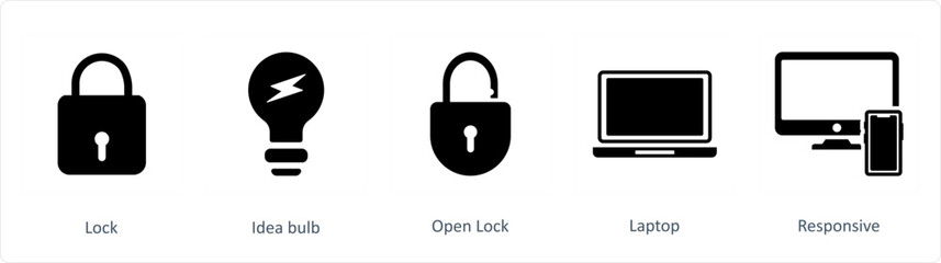 A set of 5 Business icons as lock, idea bulb, open lock