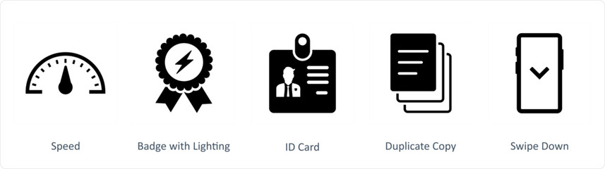 A set of 5 Business icons as speed, badge with lightning, id card