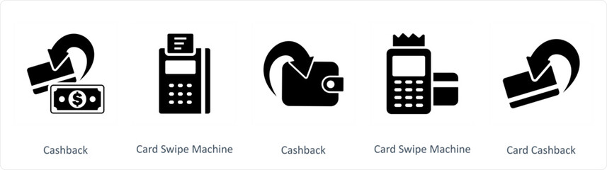 A set of 5 Business icons as cashback, card swipe machine, card cashback