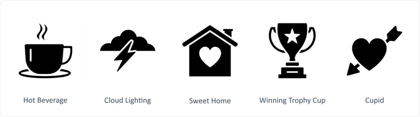 A set of 5 Business icons as hot beverage, cloud lightning, sweet home