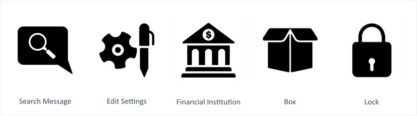 A set of 5 Business icons as search message, edit settings, financial institution