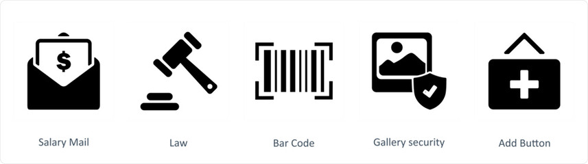 A set of 5 Business icons as salary mail, law, bar code
