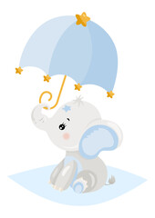 Baby boy elephant with blue umbrella