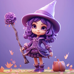 Fototapeta premium Character girl, little witch on a purple isolated background, 3d, Halloween. Art. Generative AI