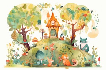 fantasy garden with talking animals, fairytale characters and magical creatures, created with generative ai