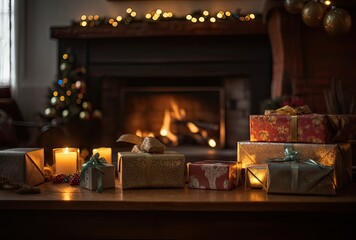 Christmas decorations, a gift, and candles in front of a fireplace. A fire is burning in the fireplace. Front room decorated for Christmas with fireplace Generative Ai.