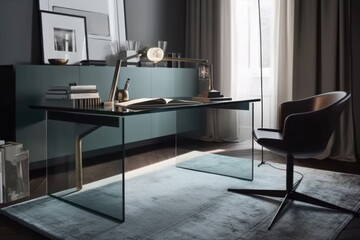 a sleek and minimalist home office with a sleek leather chair, a glass desk and modern decor, created with generative ai