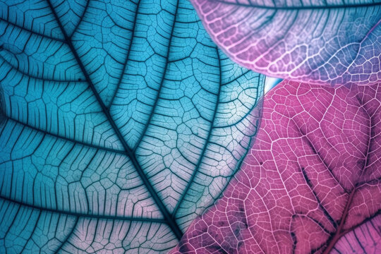 Macro leaves background texture blue turquoise pink color, Transparent skeleton leaves, Bright expressive colorful beautiful artistic nature, © alisaaa