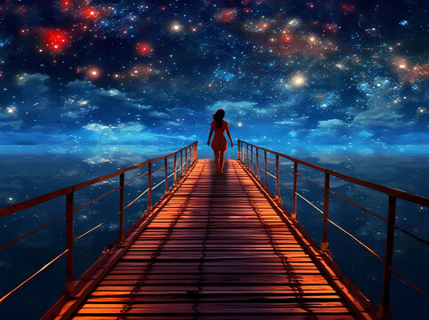 Woman who is walking on the bridge looking at starry sky-Generative AI