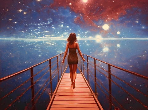  Woman who is walking on the bridge looking at starry sky-Generative AI