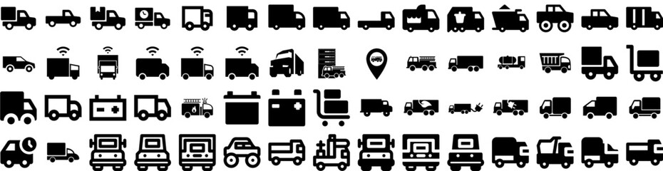 Set Of Truck Icons Isolated Silhouette Solid Icon With Transport, Cargo, Freight, Shipping, Delivery, Transportation, Truck Infographic Simple Vector Illustration Logo