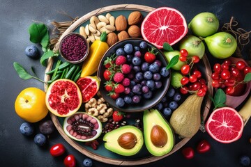 plate of fresh fruits, vegetables, and nuts for a healthy immune system, created with generative ai