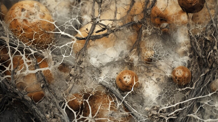The intricate web of fungal networks background. generative AI - obrazy, fototapety, plakaty