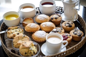 Fototapeta premium tray of scones, muffins, and pastries with selection of teas and coffee cups, created with generative ai