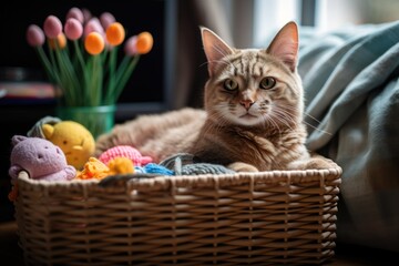 Naklejka na ściany i meble a cat in a basket with its favorite toy, created with generative ai