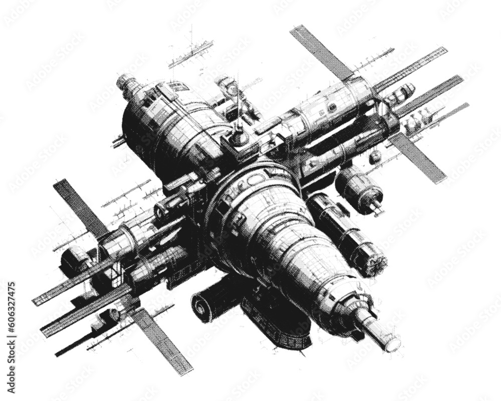 Wall mural hand drawn space station. retro halftone collage element. vector illustration of grunge art template