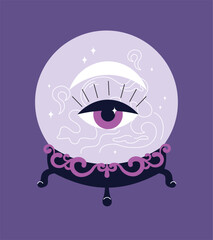 Esoteric crystal ball concept. Magic inventory of fortuneteller and clairvoyant for predicting future and fate. Poster or banner. Cartoon flat vector illustration isolated on violet background