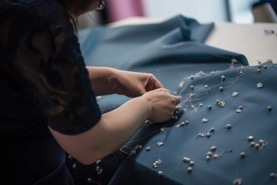 person, sewing custom dress for special occasion, with view of fabric and pins in the background, created with generative ai