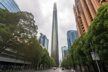 modern skyscraper towering over city, with people and vehicles visible in the streets below, created with generative ai