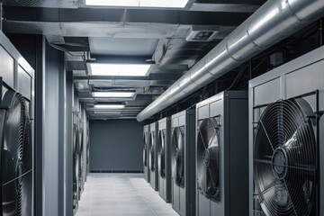 ventilation system for data center, with numerous fans and filters keeping the air clean and cool, created with generative ai