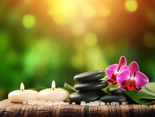 Obraz na płótnie Canvas Spa therapy background with essential candle and flower