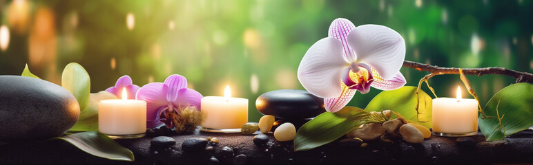 Spa therapy background with essential candle and flower - obrazy, fototapety, plakaty
