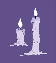 Esoteric candles concept. Fantasy and imagination. Vintage decor element. Sacred and holy ritual. Template, layout and mock up. Cartoon flat vector illustration isolated on violet background