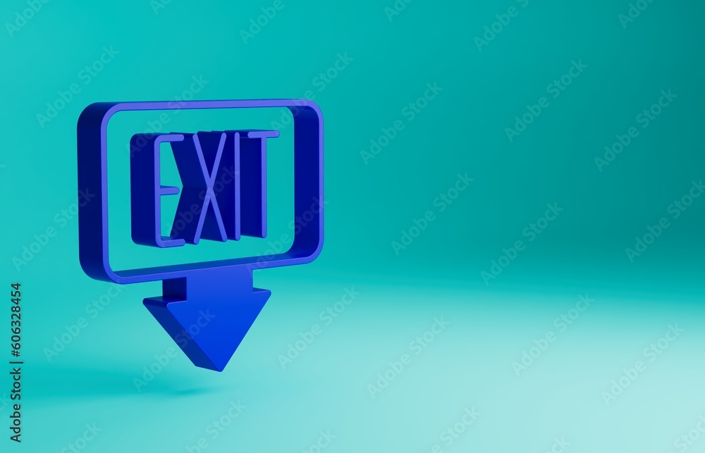 Wall mural Blue Fire exit icon isolated on blue background. Fire emergency icon. Minimalism concept. 3D render illustration