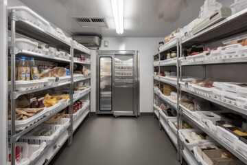 walk-in refrigerator with shelves and bins fully stocked with food, created with generative ai