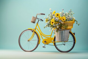 Fototapeta na wymiar Retro yellow bicycle with flowers in basket against pastel blue background. Creative flower delivery concept. Florist or summer bloom banner with copy space. Ai generated