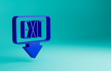 Blue Fire exit icon isolated on blue background. Fire emergency icon. Minimalism concept. 3D render illustration