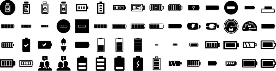 Set Of Charged Icons Isolated Silhouette Solid Icon With Vehicle, Battery, Power, Electric, Technology, Charger, Energy Infographic Simple Vector Illustration Logo