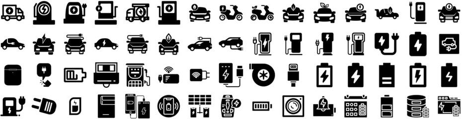 Set Of Charger Icons Isolated Silhouette Solid Icon With Charge, Charger, Car, Technology, Energy, Electric, Battery Infographic Simple Vector Illustration Logo