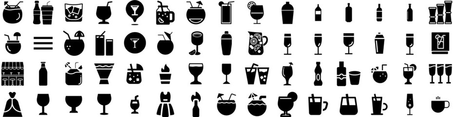 Set Of Cocktail Icons Isolated Silhouette Solid Icon With Beverage, Drink, Cocktail, Glass, Alcohol, Bar, Ice Infographic Simple Vector Illustration Logo