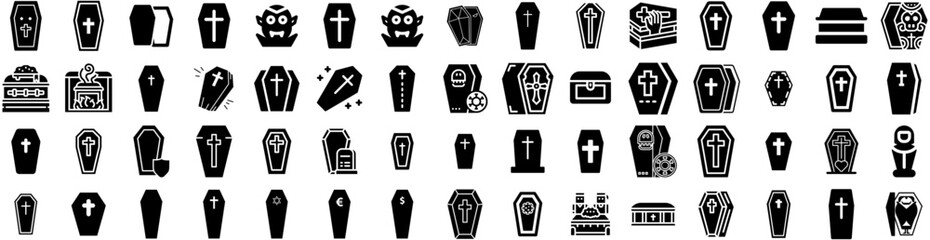 Set Of Coffin Icons Isolated Silhouette Solid Icon With Funeral, Coffin, Death, Religion, Dead, Burial, Ceremony Infographic Simple Vector Illustration Logo