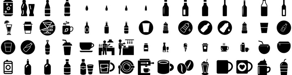 Set Of Drink Icons Isolated Silhouette Solid Icon With Drink, Lifestyle, Glass, Young, Beverage, Girl, Woman Infographic Simple Vector Illustration Logo