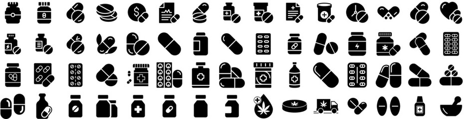 Set Of Drugs Icons Isolated Silhouette Solid Icon With Medical, Drug, Pharmaceutical, Medicine, Pharmacy, Pill, Health Infographic Simple Vector Illustration Logo