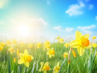 Fototapeta na wymiar Spring background with yellow flower blue sky and sunlight