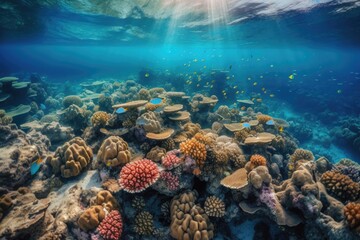 Fototapeta na wymiar coral reef with schools of colorful fish swimming among the corals, created with generative ai