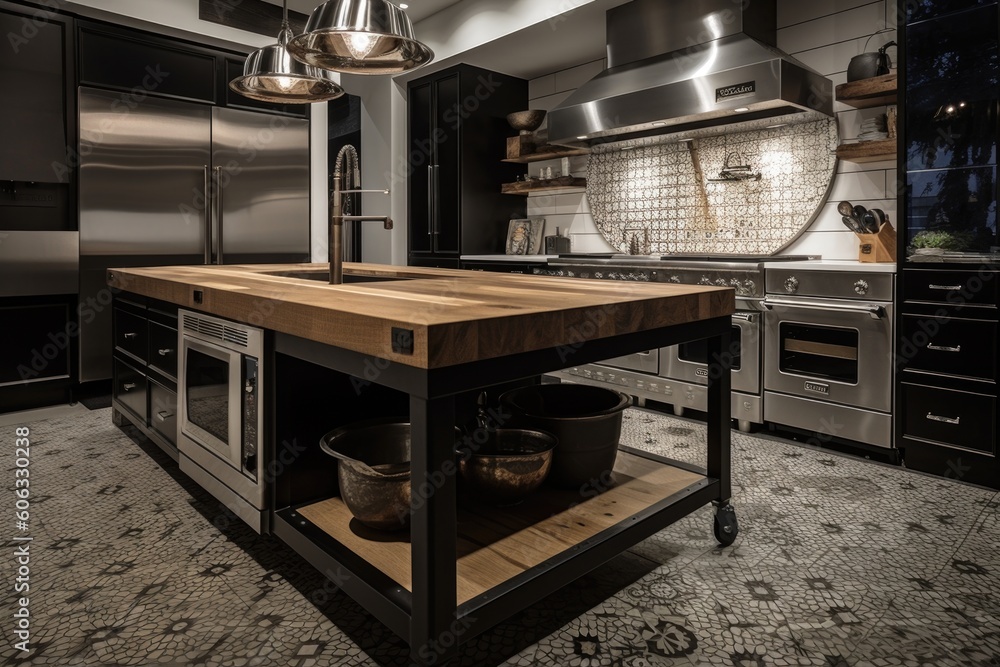 Wall mural custom-built cooking station with industrial, stainless steel appliances and black accents, created with generative ai